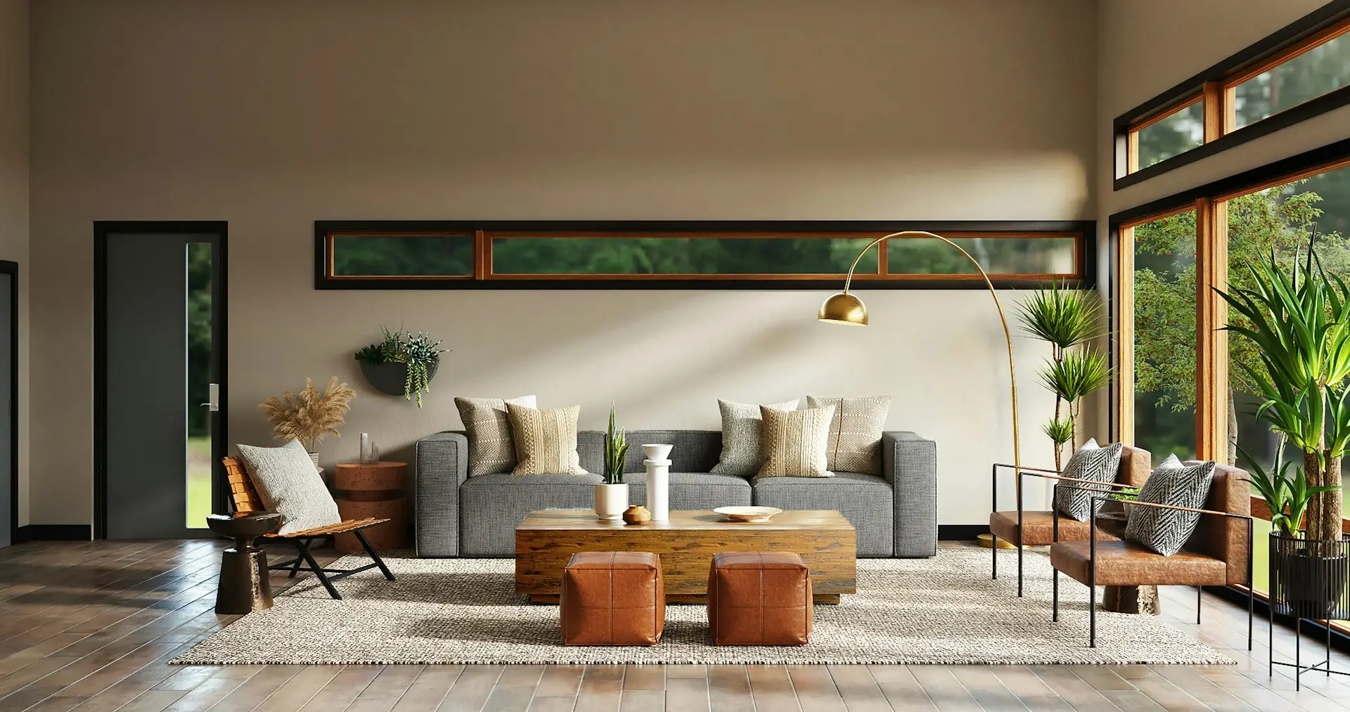 A styled living room with a grey sofa, timber coffee table, tan leather ottomans and a brass arc floor lamp